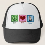 Peace Love Prayer Trucker Hat<br><div class="desc">A peace sign,  heart,  and two hands folded to pray. A beautiful religious gift.</div>