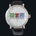 Peace Love PT Cute Physical Therapist Watch<br><div class="desc">Custom Peace Love Physical Therapy watch for your favourite rehabilitative therapist. A peace sign,  heart,  and the letters PT make a great gift for a physical therapist in your practice or office.</div>