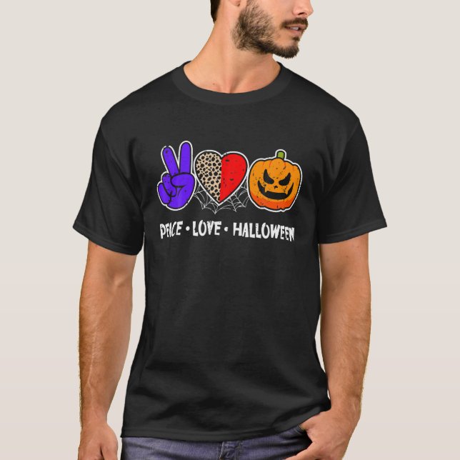 Peace, Love, Pumpkin Fall Leopard Print Funny Hall T-Shirt (Front)