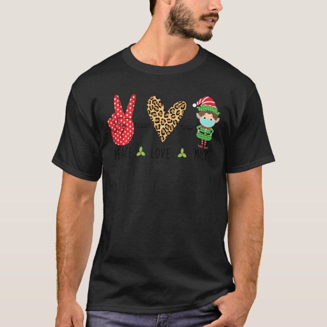 Peace Love Quarantine Christmas Elf Face Mask Xmas T-Shirt (Front)
