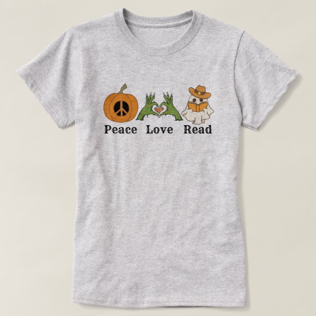 Peace Love Read Halloween Western T-Shirt (Design Front)
