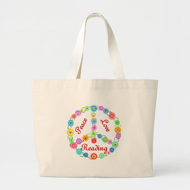 Peace Love Reading Large Tote Bag (Front)