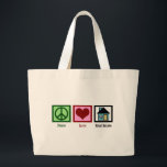 Peace Love Real Estate Large Tote Bag<br><div class="desc">Pretty real estate gifts for a realty,  a title company,  mortgage broker,  loan officer or even a new homeowner. A peace sign,  a heart,  and a house.</div>