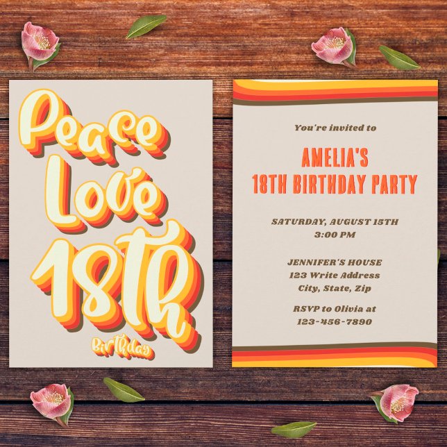 Peace Love Retro Groovy Sunset Grey 18th Birthday Invitation (Front and Back)
