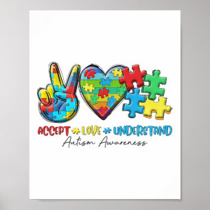 Peace Love Ribbon Autism Awareness Accept Love Und Poster