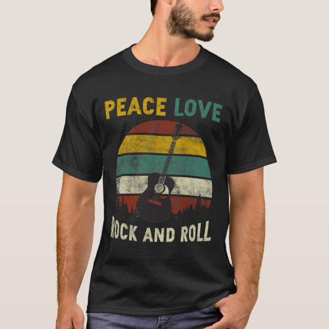 Peace Love Rock &amp; Roll Guitar Player Guitarist T-Shirt (Front)