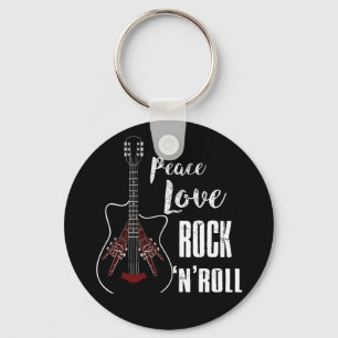 Peace Love Rock And Roll Guitar Retro Hippie Key Ring