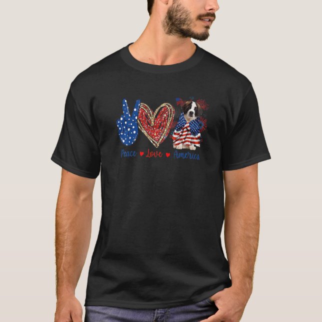 Peace Love Saint Bernard Dog Patriotic America Fla T-Shirt (Front)