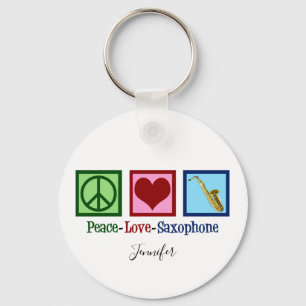 Peace Love Saxophone Cute Monogram Blue Key Ring