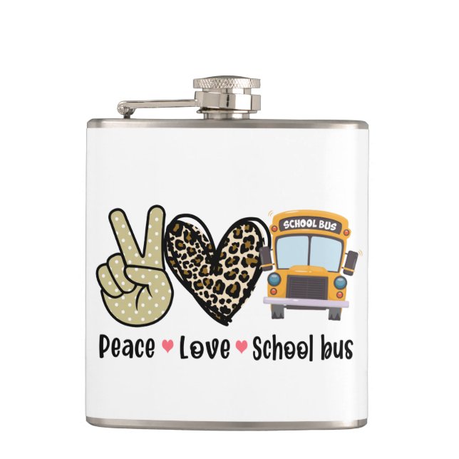 Peace, Love, School Bus Hip Flask (Front)
