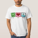 Peace Love Sharks T-Shirt<br><div class="desc">Sharks are cool. A green peace sign,  red heart,  and an awesome shark with sharp teeth jumping out of the ocean water looking fierce. I love marine animals.</div>