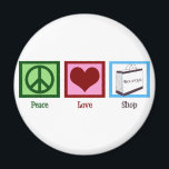 Peace Love Shop Magnet<br><div class="desc">Peace sign,  heart,  and a pretty boutique shopping bag.</div>