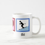 Peace Love Ski Coffee Mug<br><div class="desc">A cute skiing gift for an avid skiier who loves to take to the slopes in winter. A peace sign,  heart,  and a person on skis coasting down a snowy mountain in pretty blue. A cool ski Christmas present.</div>