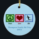 Peace Love Skiing Cute Custom Ski Trip Keepsake Ceramic Ornament<br><div class="desc">A peace sign,  heart,  and a person skiing on a beautiful ski lodge Christmas ornament. Personalise with your family vacation information for a lovely keepsake gift for your winter trip. Peace Love Ski.</div>