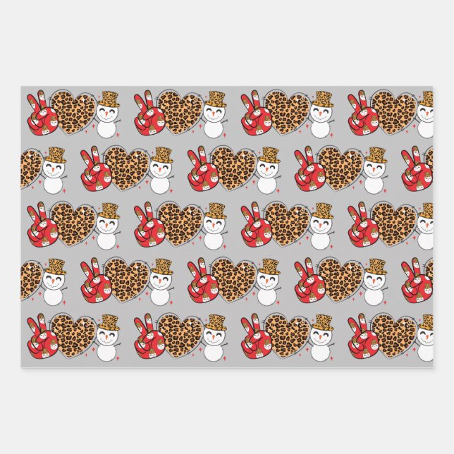 Peace Love Snowman Wrapping Paper Flat Sheet SET 3 (Front)