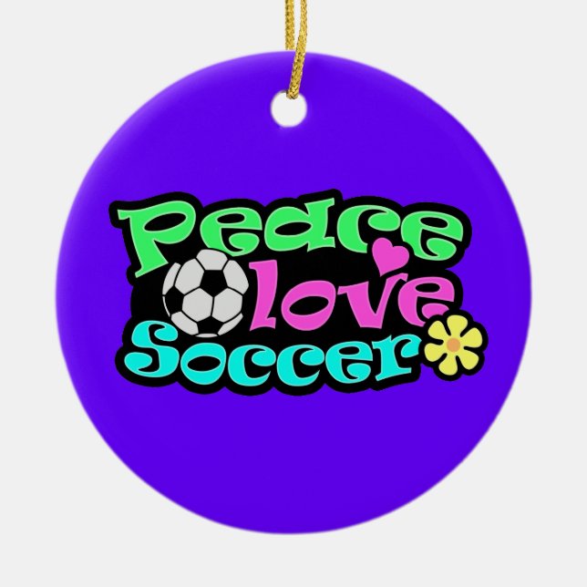 Peace, Love, Soccer; Retro Ceramic Tree Decoration (Front)