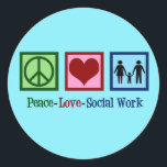 Peace Love Social Work Classic Round Sticker<br><div class="desc">Peace Love Social Work present. A cute social worker Christmas gift featuring a family holding hands next to a peace sign and heart. A nice design for social services.</div>