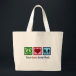 Peace Love Social Work Large Tote Bag<br><div class="desc">Peace Love Social Work. A cute social worker Christmas gift featuring a family holding hands next to a peace sign and heart. Social services present.</div>