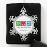 Peace Love Social Work Personalised Christmas Snowflake Pewter Christmas Ornament<br><div class="desc">Peace Love Social Work Christmas ornament with customisable text. A cute social worker holiday gift featuring a family holding hands next to a peace sign and heart. A nice design for social services.</div>
