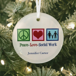 Peace Love Social Work Personalised Social Worker Glass Tree Decoration