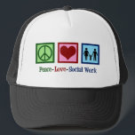 Peace Love Social Work Trucker Hat<br><div class="desc">Peace Love Social Work. A cute social worker gift featuring a family holding hands next to a peace sign and heart. Social services present for a social services manager.</div>