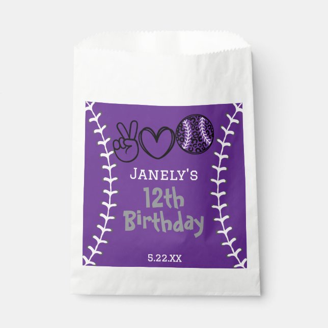 Peace Love Softball Birthday Favour Bag (Front)
