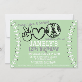 Peace Love Softball Birthday Invitation