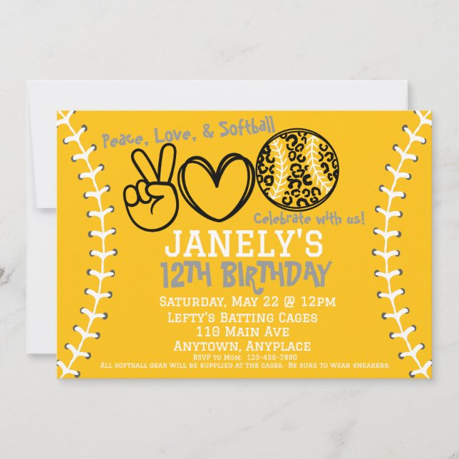 Peace Love Softball Birthday Invitation (Front)