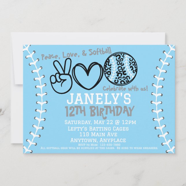 Peace Love Softball Birthday Invitation (Front)