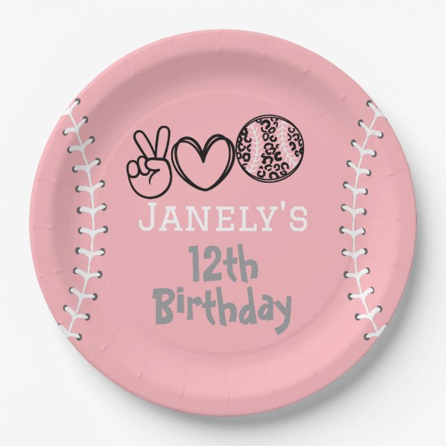 Peace Love Softball Birthday Paper Plate (Front)