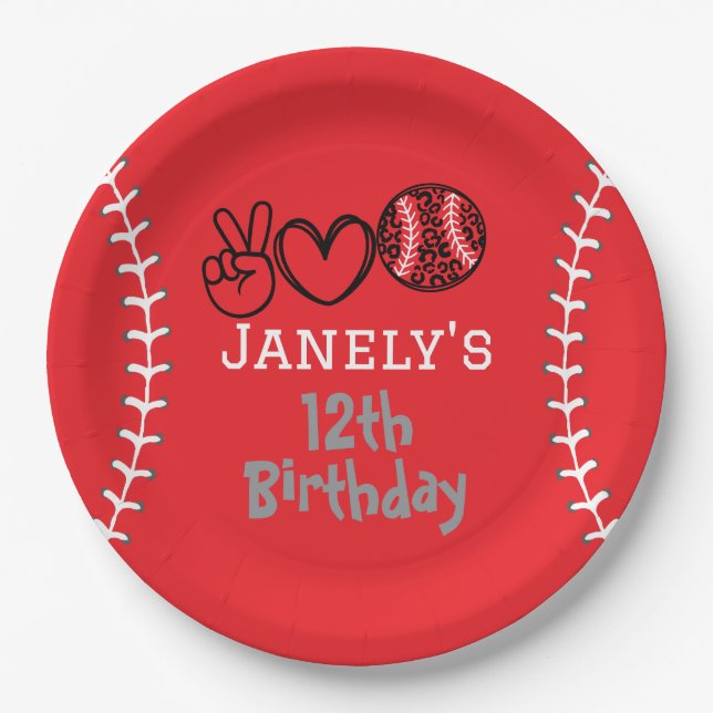 Peace Love Softball Birthday Paper Plate (Front)