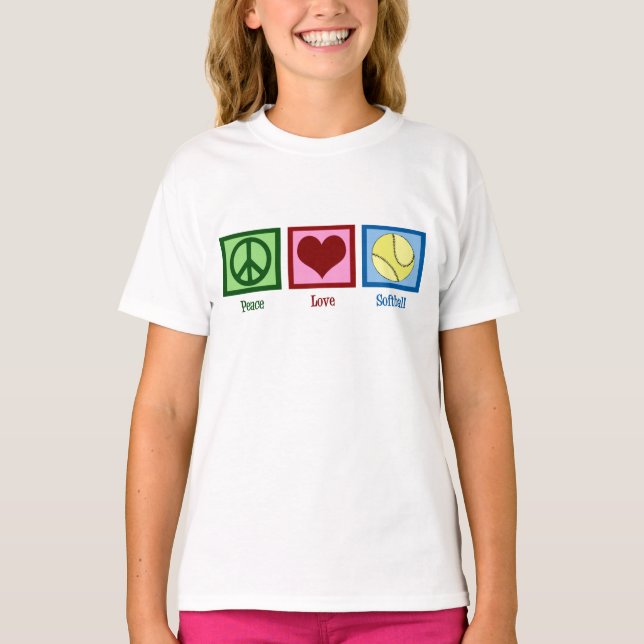 Peace Love Softball Cute Girls Team T-Shirt (Front)
