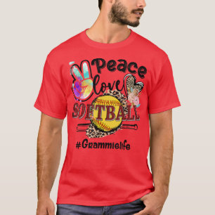 Peace Love Softball Grammie Life Mom Grandma Leopa T-Shirt