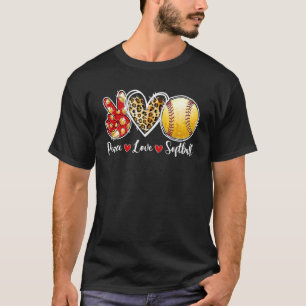 Peace Love Softball  Leopard Heart Game Day Cheer  T-Shirt