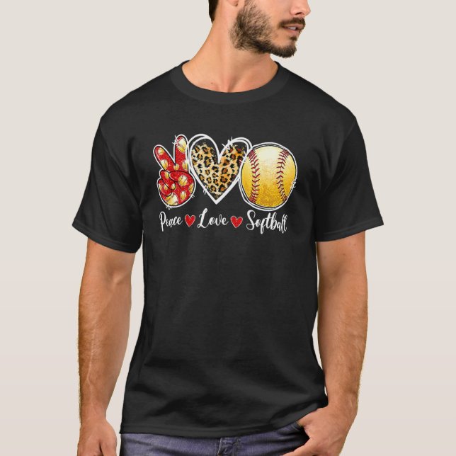 Peace Love Softball  Leopard Heart Game Day Cheer  T-Shirt (Front)