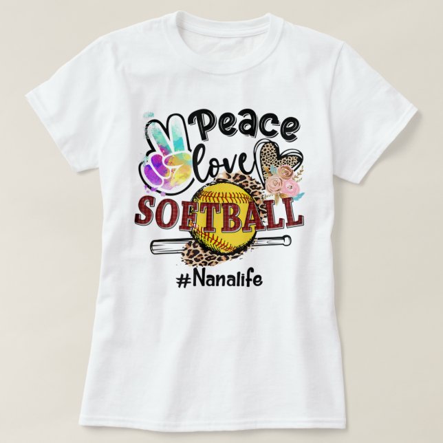 Peace Love Softball Nana Life Mom Grandma Leopard  T-Shirt (Design Front)