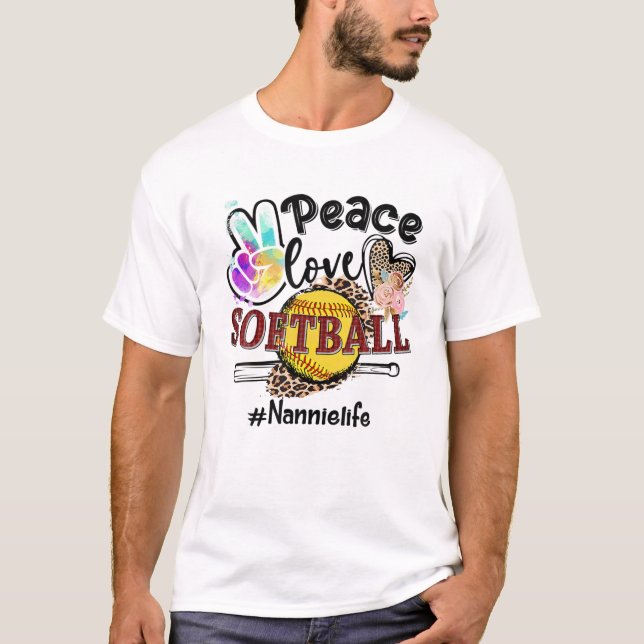 Peace Love Softball Nannie Life Mom Grandma Leopar T-Shirt (Front)