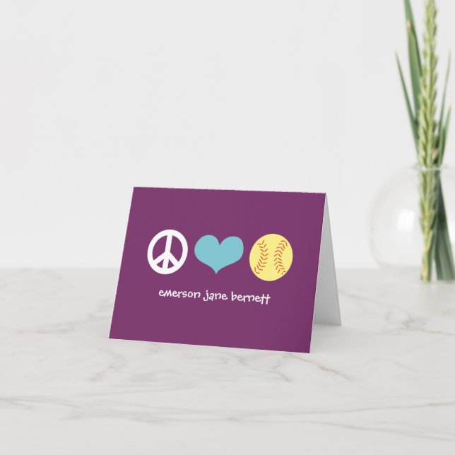 Peace, Love, Softball Purple Thank You Card (Front)