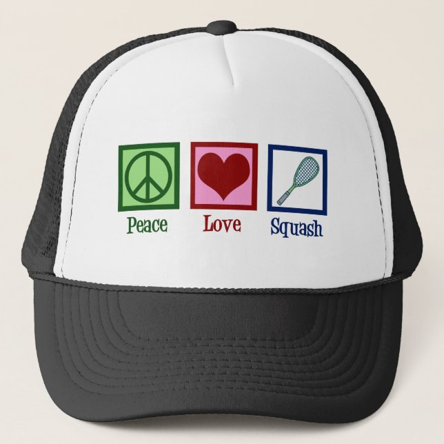 Peace Love Squash Racquet Sports Trucker Hat (Front)