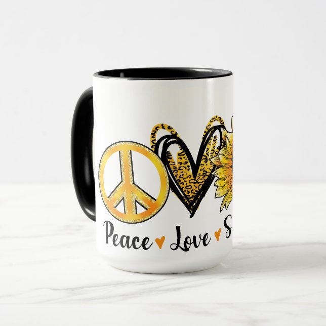 "Peace, Love, Sunflower" Coffee Mug (Front Left)