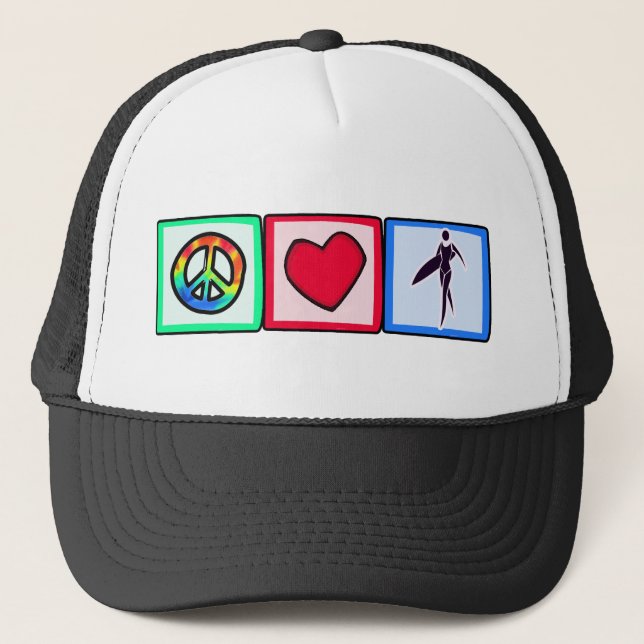 Peace, Love, Surfer Girls Trucker Hat (Front)