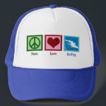 Peace Love Surfing Trucker Hat<br><div class="desc">A peace sign,  a heart,  and beautiful blue waves crashing in the ocean.</div>