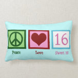 Peace Love Sweet 16 Birthday Girl Lumbar Cushion<br><div class="desc">This beautiful Peace Love Sweet Sixteen pillow makes the perfect cute gift for a teenage girl who loves pretty pink 16 next to a peace sign and heart. Order this birthday present for your daughter's 16th bday to decorate her teenage bedroom.</div>