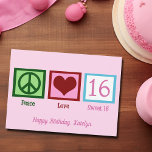 Peace Love Sweet 16 Pretty Pink 16th Birthday Card<br><div class="desc">The perfect personalised sixteenth birthday card for a teenage girl. Peace Love Sweet 16 with your cute custom text in pretty pink.</div>