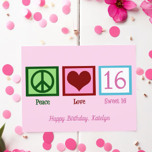Peace Love Sweet 16 Pretty Pink 16th Birthday Postcard