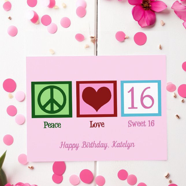 Peace Love Sweet 16 Pretty Pink 16th Birthday Postcard (Creator Uploaded)