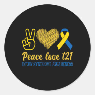 Peace Love T21 Blue Yellow Ribbon Down Syndrome Classic Round Sticker