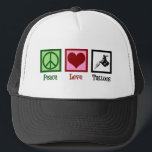 Peace Love Tattoos Cute Tattoo Artist Gun Trucker Hat<br><div class="desc">Peace Love Tattoos. A cool tattoo artist gift with a peace sign,  heart,  and tattoo gun for a tattooist. Cute tattooer present.</div>