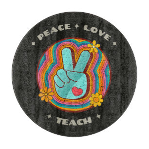 Peace Love Teach Vintage Retro 70s Hippie Cutting Board