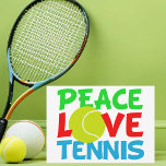 Peace Love Tennis Cute Christmas Holiday Card<br><div class="desc">Peace Love Tennis. A cute tennis player Christmas card with a yellow tennis ball as the O in Love. Peace and Tennis written in blue and green for your holiday cards.</div>